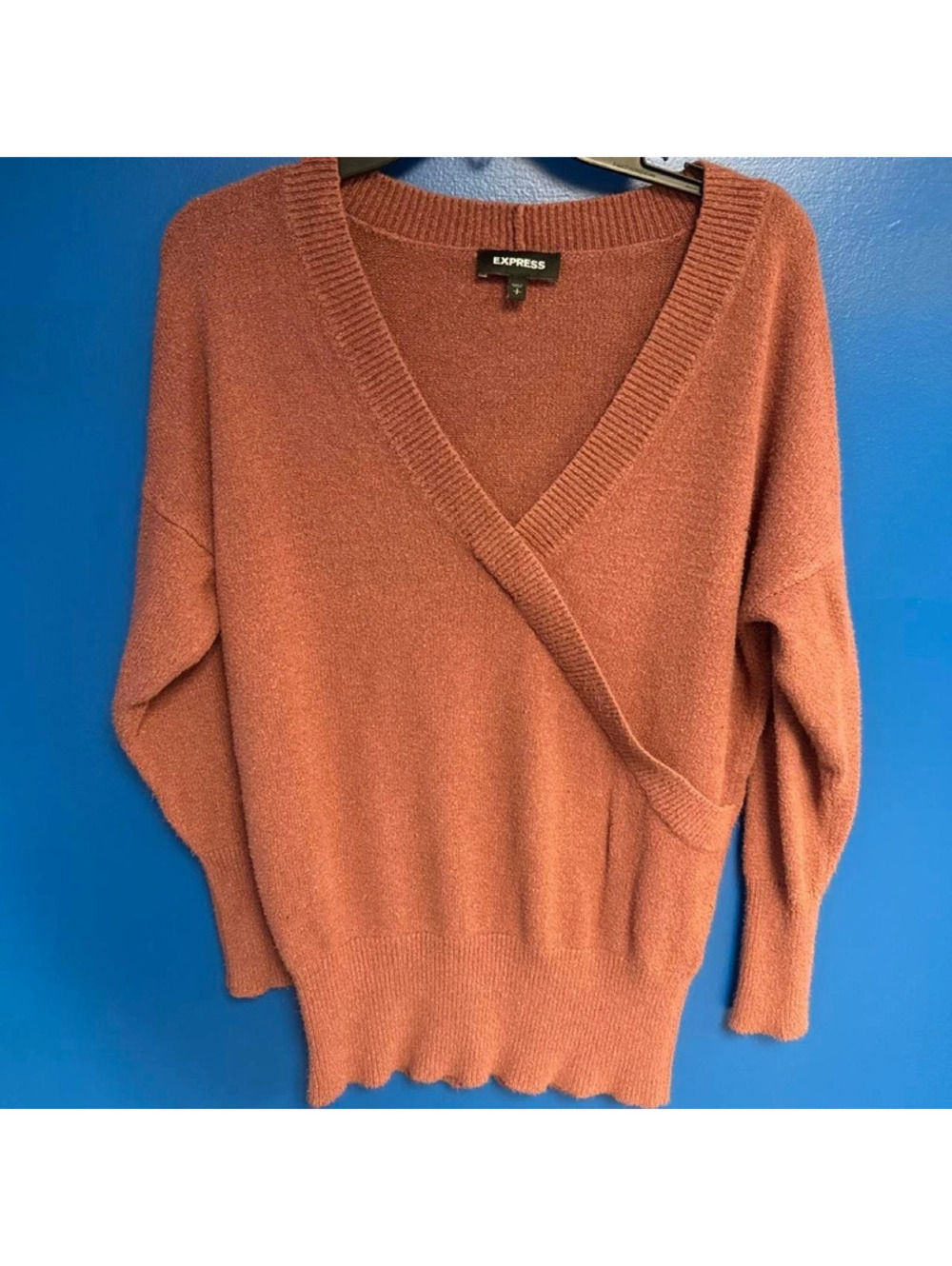 Express burnt orange wrap sweater #express #cozy